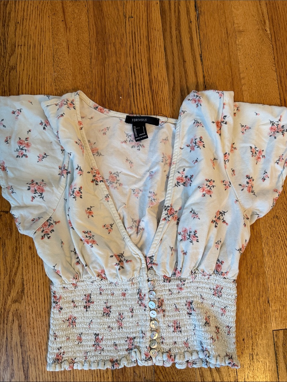 Forever 21 mint green Floral Button Smocked Crop Top